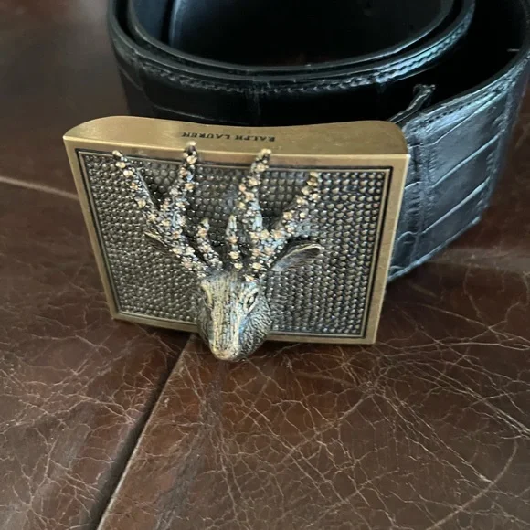 Ralph Lauren Brass Stag Head Alligator Belt - Picture 3 of 12
